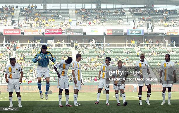 Members of the Los Angeles Galaxy wait for play to begin in the MLS match against Real Salt Lake at the Home Depot Center on June 17, 2007 in Carson,...