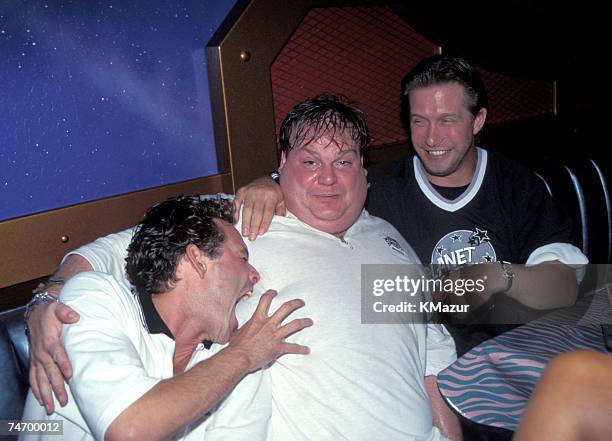 Luke Perry, Stephen Baldwin and Chris Farley at the Planet Hollywood in New York City, New York