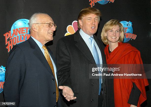 Trump Executive George Ross, Donald Trump and Trump Executive Carolyn Kepcher at the Planet Hollywood, Times Square in New York City, New York