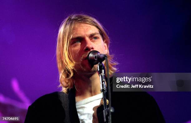 Kurt Cobain of Nirvana at the MTV Live and Loud-Nirvana Performs in December 1993 at Pier 28 in Seattle, Washington.