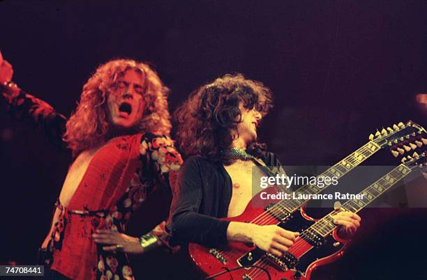 Robert Plant and Jimmy Page of Led Zeppelin at the Chicago Stadium in Chicago, Illinois