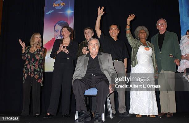 Grace Lee Whitney, Majel Barrett Roddenberry, Walter Koenig, George Takei, Nichelle Nichols and Neil Armstrong at the Renaissance Hollywood Hotel in...