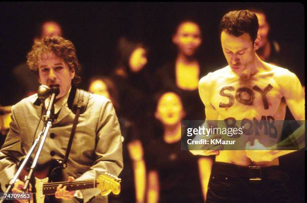 Bob Dylan performs "Love Sick" alongside protester/performance artist "Soy Bomb" , 1998 Grammy Awards telecast during the The 40th Annual GRAMMY...
