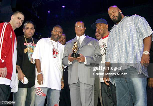 Dave Mays of The Source, Benzino, J. Prince of Rap-a-lot, Minister Louis Farrakhan, Russell Simmons and Suge Knight of Death Row during the The 2004...