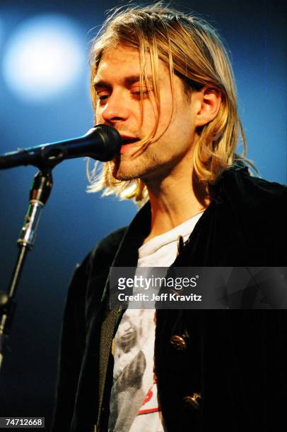 Kurt Cobain of Nirvana at the MTV Live and Loud-Nirvana Performs in December 1993 at Pier 28 in Seattle, Washington.