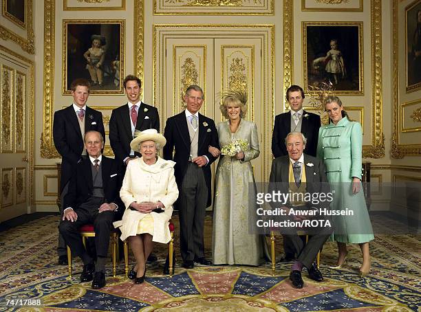 The Prince of Wales and his new bride Camilla, Duchess of Cornwall, with their families back row Prince Harry, Prince William, Tom Parker Bowles and...