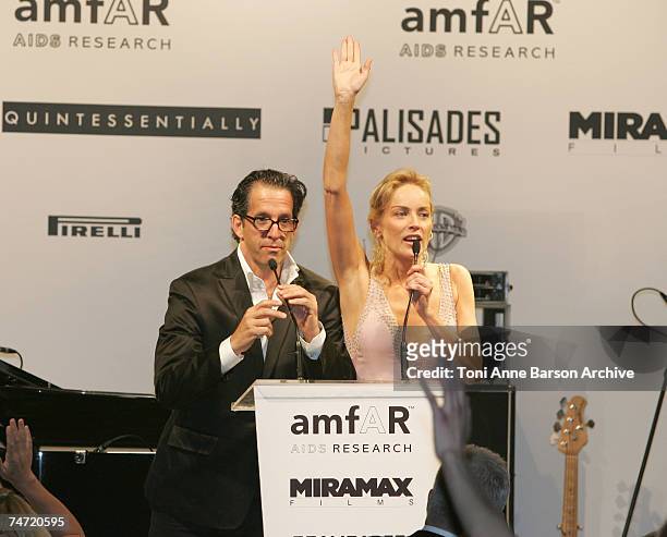 Kenneth Cole, Chairman of amfAR and Sharon Stone at the Le Moulins de Mougins in Mougins, France.