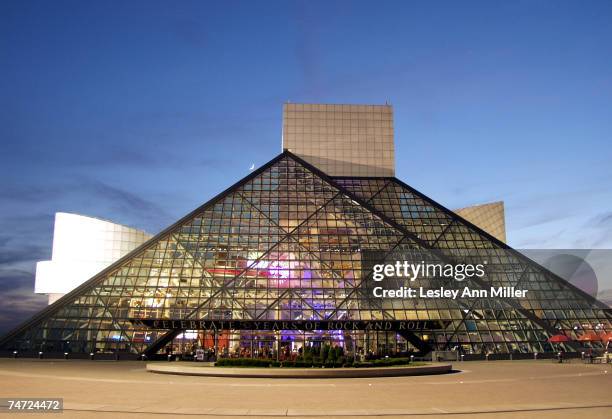 The Rock and Roll Hall of Fame at twilight at the Rock and Roll Hall of Fame and Museum in Cleveland, Ohio