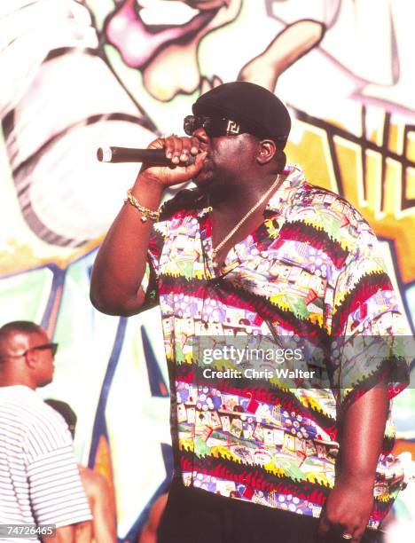 The Notorious B.I.G. Performs at 92.3 The Beat Summer Jam on August 13, 1995 at the Irvine Meadows Amphitheatre in Irvine, California.