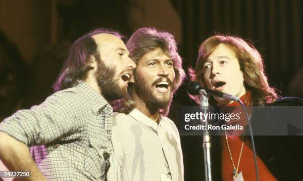 Maurice Gibb, Barry Gibb, and Robin Gibb at the UN in New York City, New York