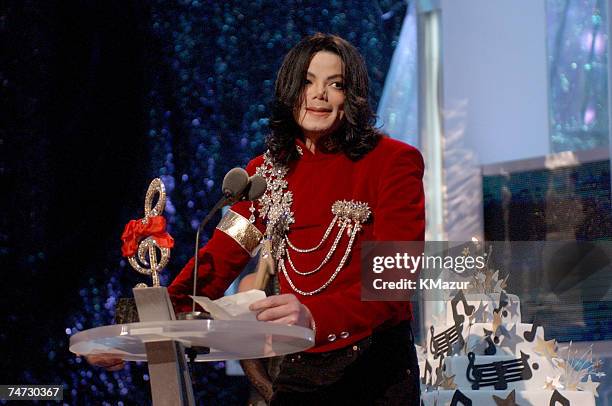 Michael Jackson speaks after Britney Spears presented Michael with a birthday cake at the 2002 MTV Video Music Awards at the Radio City Music Hall in...