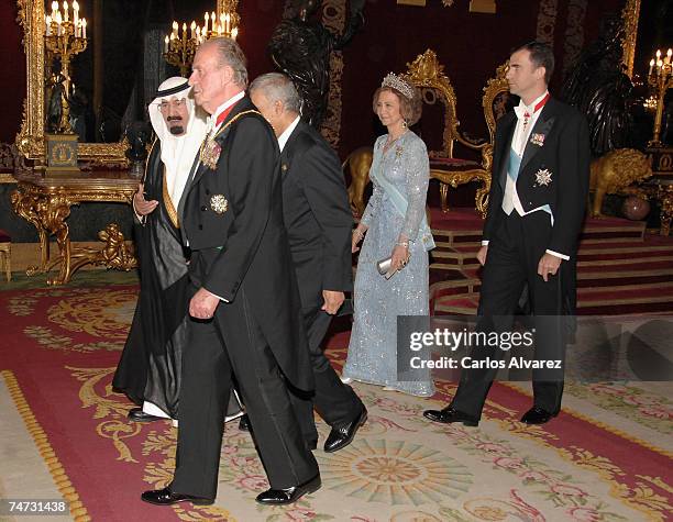 Crown Prince Felipe, Queen Sofia, Saudi King Abdullah Bin Abdul Aziz Al Saud and King Juan Carlos of Spain at Royal Palace for a Gala Dinner on June...