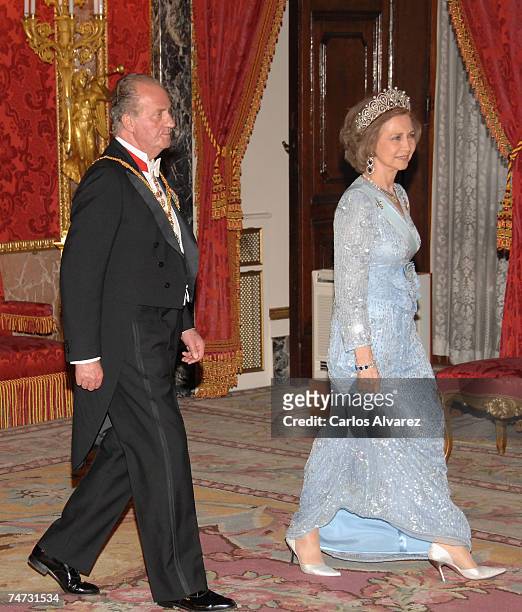 King Juan Carlos and Queen Sofia of Spain receive Saudi King Abdullah Bin Abdul Aziz Al Saud for a Gala dinner on June 18, 2007 at Royal Palace in...