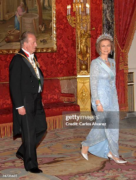 King Juan Carlos and Queen Sofia of Spain receive Saudi King Abdullah Bin Abdul Aziz Al Saud for a Gala dinner on June 18, 2007 at Royal Palace in...