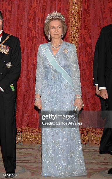 Queen Sofia of Spain receives Saudi King Abdullah Bin Abdul Aziz Al Saud for a Gala dinner on June 18, 2007 at Royal Palace in Madrid, Spain.