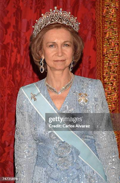 Queen Sofia of Spain receives Saudi King Abdullah Bin Abdul Aziz Al Saud for a Gala dinner on June 18, 2007 at Royal Palace in Madrid, Spain.