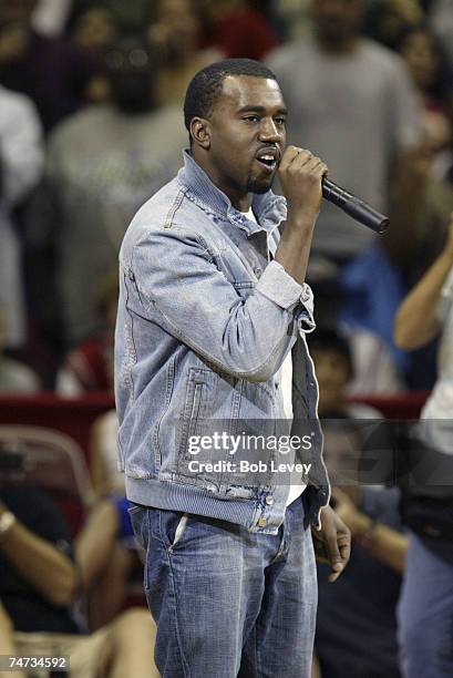 Rapper Kanye West was in attendance Sunday afternoon for the NBA Players Hurricane Relief Game at the Toyota Center, September 11, 2005 in Houston,...