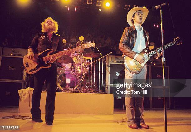 Bassist Dusty Hill, drummer Frank "Rube" Beard and guitarist Billy Gibbons of ZZ Top perform at Soldiers And Sailors Memorial Auditorium on October...