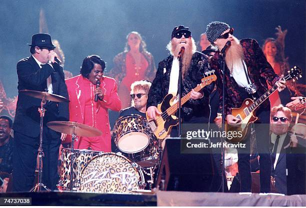Dan Aykroyd, James Brown, Frank Beard, Dusty Hill and Billy Gibbons of ZZ Top at the 1997 Superbowl Half-time Show at in New Orleans, Louisiana.