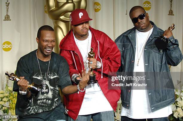 Jordan Houston, Paul Beauregard and Cedric Coleman of Three 6 Mafia, winners Best Song for "It's Hard Out Here for a Pimp" from "Hustle & Flow" at...