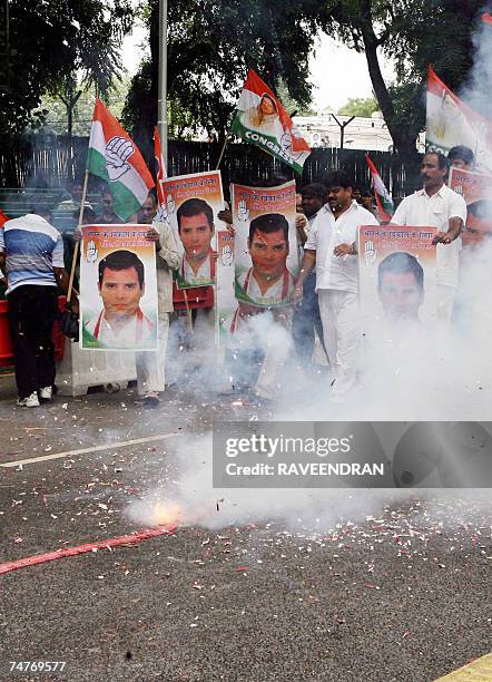 Indian Youth Congress supporters celebrate the the 37th birthday of Rahul Gandhi, leader of the youth wing of the Congress Party in front of Congress...