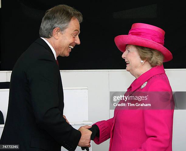 Prime Minister Tony Blair greets Baroness Margaret Thatcher at the Falklands Veterans Parade held to commemorate 25 years since the end of the...