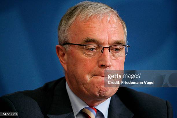 International Cycling Union president Pat McQuaid attends a press conference after the meeting on doping at the Ramada Park Hotel on June 19, 2007 in...