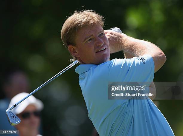 Ernie Els of South Africa plays a tee shot during the preview event of The BMW International Open Golf at The Munich North Eichenried Golf Club on...