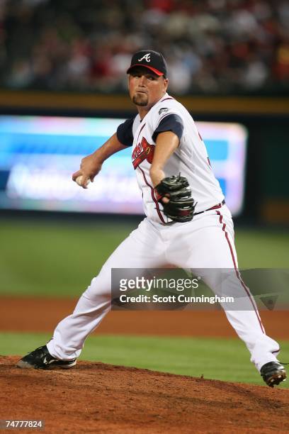 Tyler Yates of the Atlanta Braves pitches against the Boston Red Sox at Turner Field on June 18, 2007 in Atlanta, Georgia. The Braves defeated the...