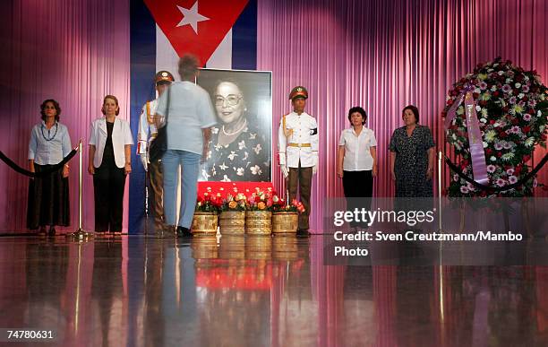 Photo of Vilma Espin, wife of Cuba's acting President Raul Castro, is displayed in the Memorial Jose Marti, at the Revolution Square June 19, 2007 in...