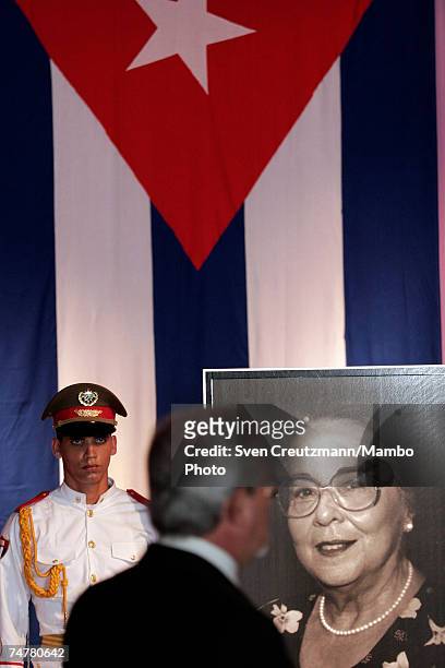 Photo of Vilma Espin, wife of Cuba's acting President Raul Castro, is displayed in the Memorial Jose Marti, at the Revolution Square June 19, 2007 in...