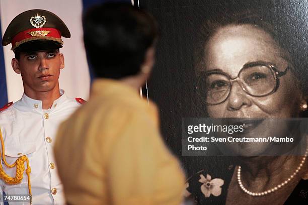Photo of Vilma Espin, wife of Cuba's acting President Raul Castro, is displayed in the Memorial Jose Marti, at the Revolution Square June 19, 2007 in...