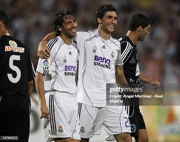 Raul Gonzalez and Gonzalo Higuain of Real Madrid celebrate a goal during the friendly match between Real Madrid and Palestinian & Israeli XI at the...