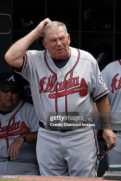 Manager Bobby Cox shows his displeasure with a call by homeplate umpire Bruce Dreckman during the Atlanta Braves game versus the Cleveland Indians on...