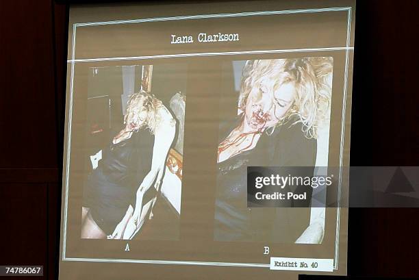 Projected crime scene photos are displayed of Lana Clarkson's body during the murder trial of music producer Phil Spector at the Los Angeles Superior...