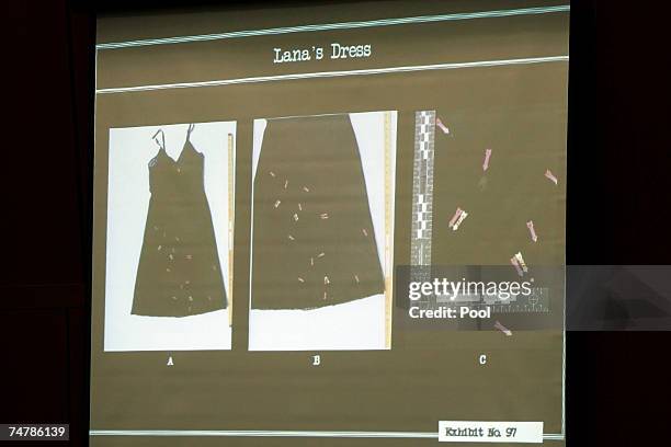 Projected photos are displayed as evidence of blood spattered on Lana Clarkson's dress during the murder trial of music producer Phil Spector at the...