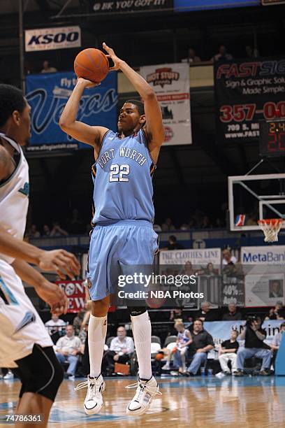 Chris Copeland of the Fort Worth Flyers shoots a jump shot during a D-League playoff game against the Sioux Falls Skyforce at the Arena on April 17,...