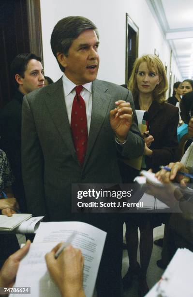 Sen. Gordon Smith, R-Ore., talks to reporters after a news conference with Sen. Bob Graham, D-Fla., on their alternative prescription drug benefit...