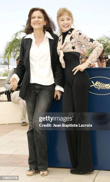 Arielle Dombasle and Anne Fontaine at the Palais des Festival Terrace in Cannes, France.