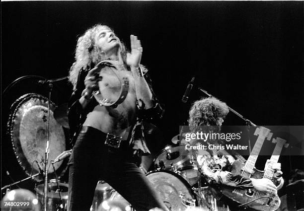 Led Zeppelin 1975 Earls Court Robert Plant and Jimmy Page during Led Zeppelin File Photos at the Led Zeppelin File Photos in Earls Court, United...