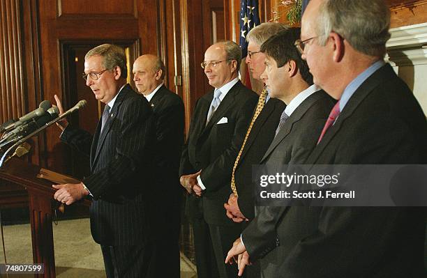 Sen. Mitch McConnell, R-Ky., speaking, unveils a team of lawyers to challenge the campaign finance reform bill passed yesterday by the Senate, and...