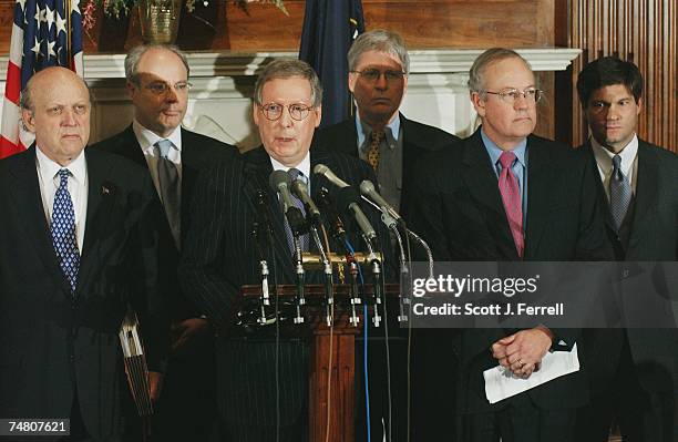 Sen. Mitch McConnell, R-Ky., speaking, unveils a team of lawyers to challenge the campaign finance reform bill passed yesterday by the Senate, and...