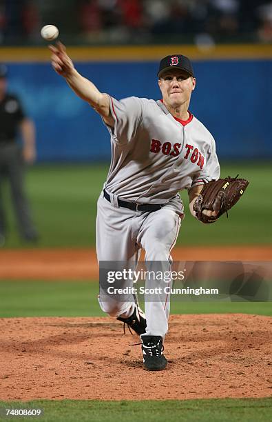 Jonathan Papelbon of the Boston Red Sox pitches against the Atlanta Braves at Turner Field on June 19, 2007 in Atlanta, Georgia. The Red Sox defeated...