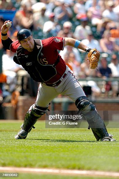 Chris Snyder of the Arizona Diamondbacks throws the ball to first base against the Baltimore Orioles at Camden Yards June 17, 2007 in Baltimore,...