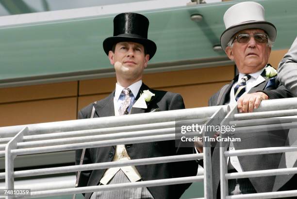 Prince Edward, Earl of Wessex and his wife's father, Christopher Rhys-Jones, watch the second day of Royal Ascot Races on June 20, 2007 in Ascot,...