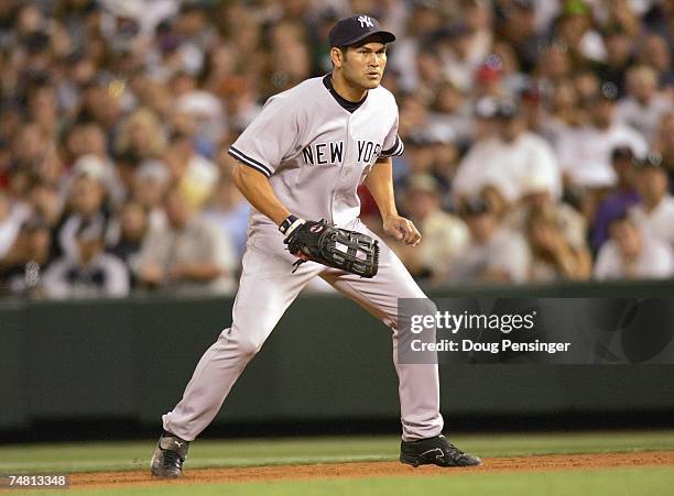 Johnny Damon of the New York Yankees gets ready infield against the Colorado Rockies on June 19, 2007 at Coors Field in Denver, Colorado. The Rockies...