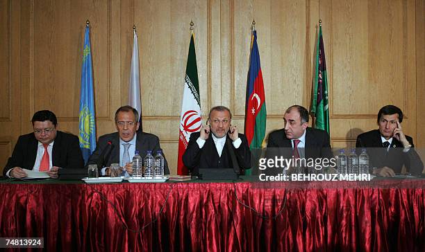 Foreign ministers of the Caspian Sea littoral states Marat Tazhin of Kazakhstan, Sergei Lavrov of Russia, Manouchehr Mottaki of Iran, Elmar...