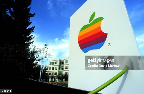 The Apple icon stands at the entrance to the Silicon Valley location of Apple Computer, Inc. In Cupertino, California April 21, 2000.