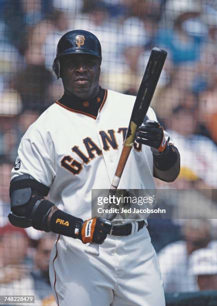 Barry Bonds of the San Francisco Giants stands on deck during the Major League Baseball National League West game against the Colorado Rockies on 2...