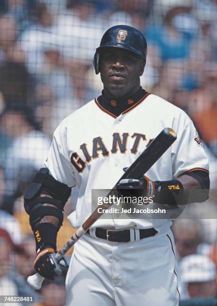 Barry Bonds of the San Francisco Giants stands on deck during the Major League Baseball National League West game against the Colorado Rockies on 2...